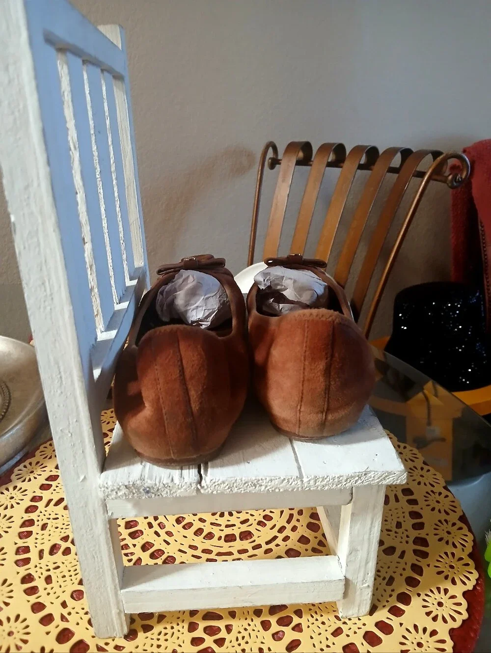 Tory Burch Chestnut Suede Ballet Flats with Leather Logo Bow.